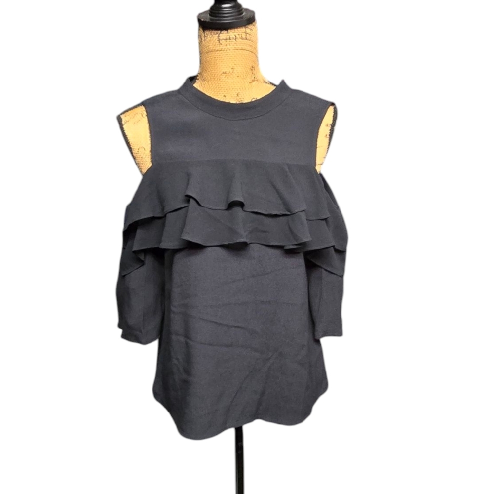 Avec Les Filles Black Ruffled Cold Shoulder Blouse Sz Small Black NEW